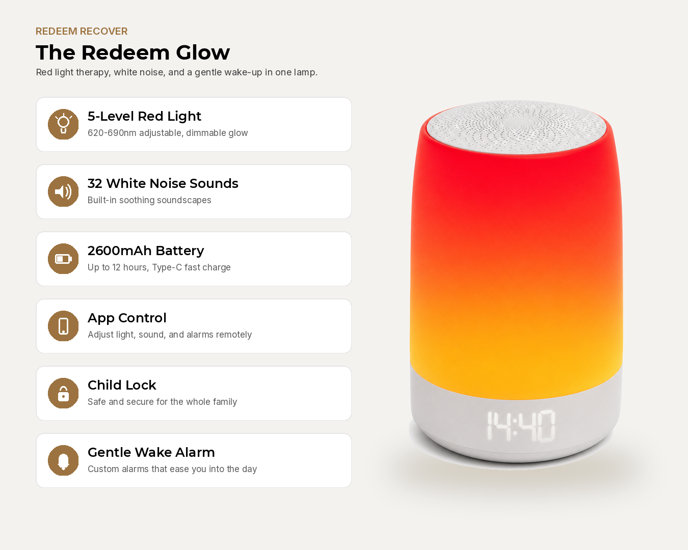 The Redeem Glow — Red Light & White Noise Sleep Lamp